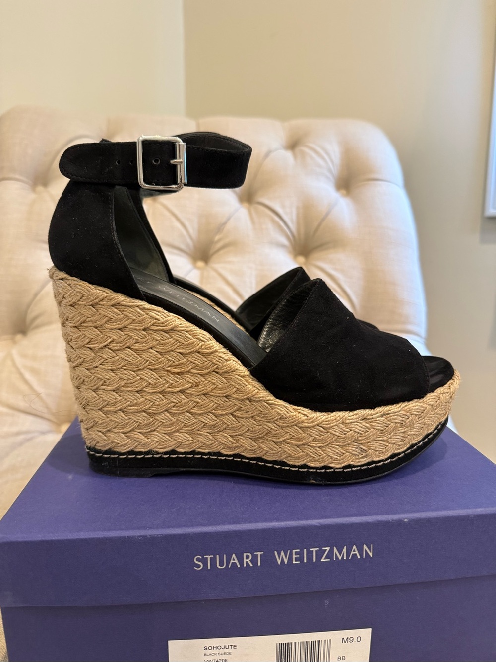 Stuart Weitzman Black Suede Espadrille Wedge Sandals with Ankle Strap